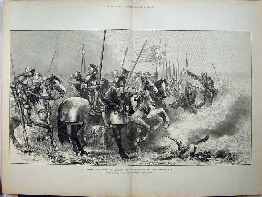 Original Old Antique Print 1875 John Gilbert Armour Horses War Army Battle