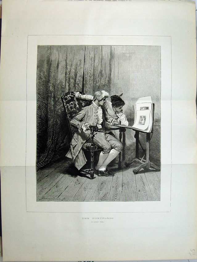 Original Old Antique Print 1875 Portfolio Man Woman Looking Paintings Fine Art
