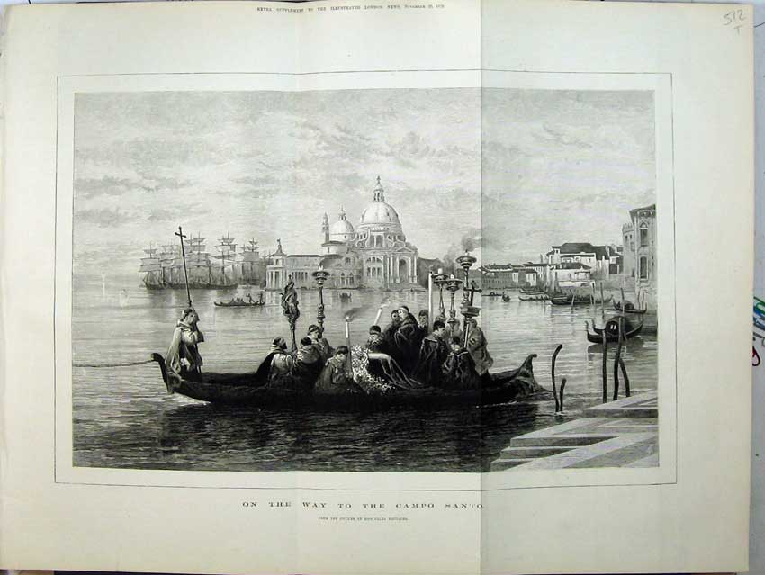 Original Old Antique Print Fine Art 1875 Monks Boat River Campo Santo Candle