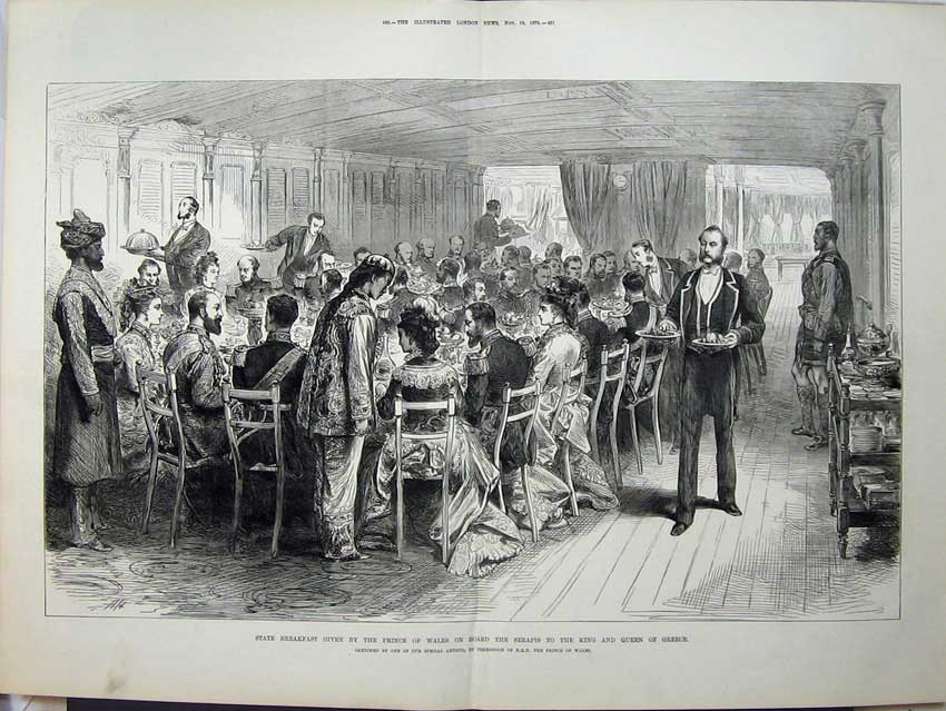 Old Antique Print 1875 Breakfast Prince Wales Ship Serapis King Greece 19th