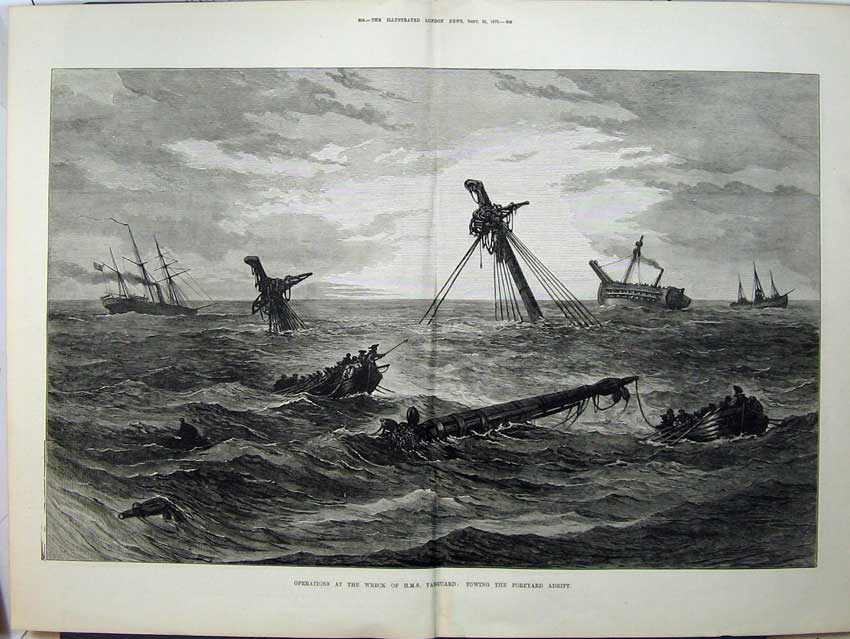 Original Old Antique Print 1875 Operations Ship Wreck Vanguard Foreyard Adrift