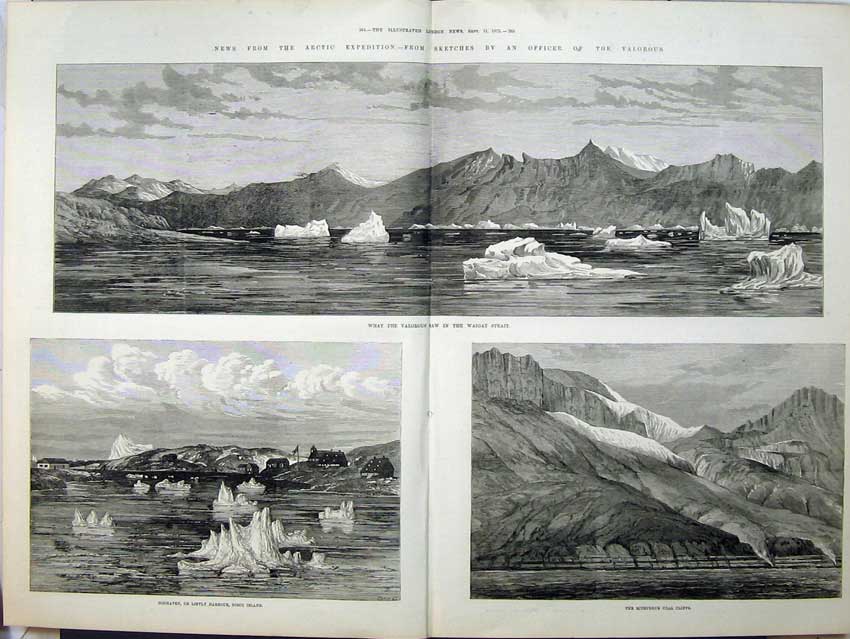 Old Antique Print Arctic Expedition 1875 Godhaven Disco Island Icebergs 19th