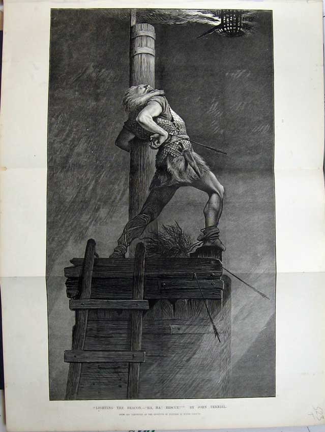 Original Old Antique Print 1875 Fine Art Lighting Beacon Flame Torch Tenniel