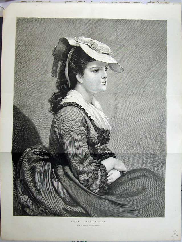 Original Old Antique Print 1875 Fine Art Portrait Young Woman Ssweet Eventeen
