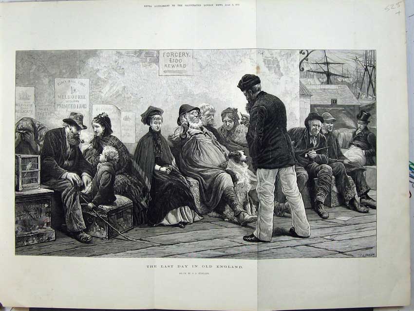 Original Old Antique Print 1875 Fine Art People Sitting Queue England Docks
