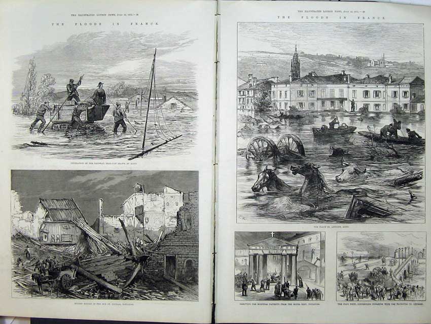 Antique Old Print 1875 Floods France Railway Mail-Van Toulouse Agen Horse 19th