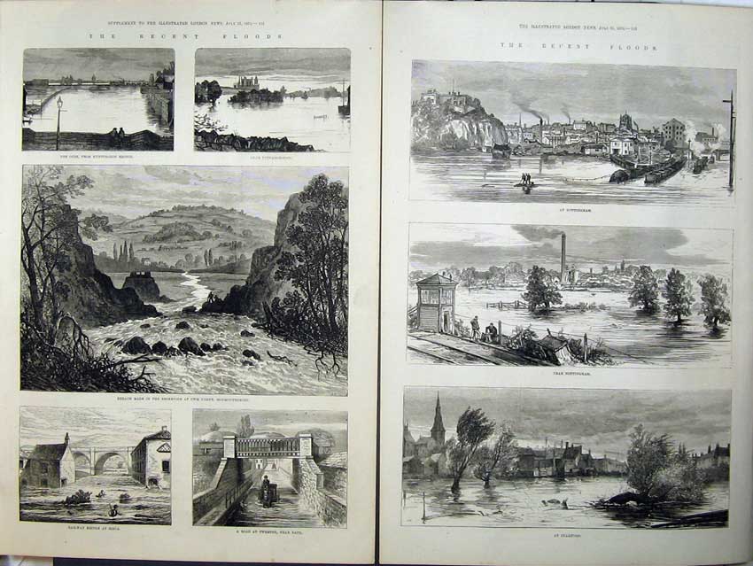 Original Old Antique Print Floods 1875 Monmouthshire Railway Bridge Stamford