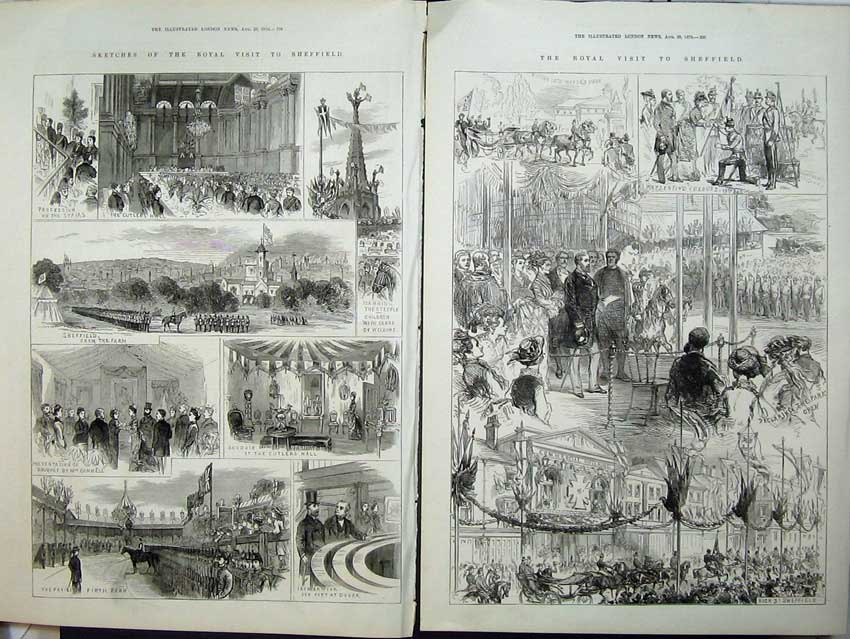 Original Old Antique Print 1875 Sheffield Army Prince Wales Cutlers Hall Firth