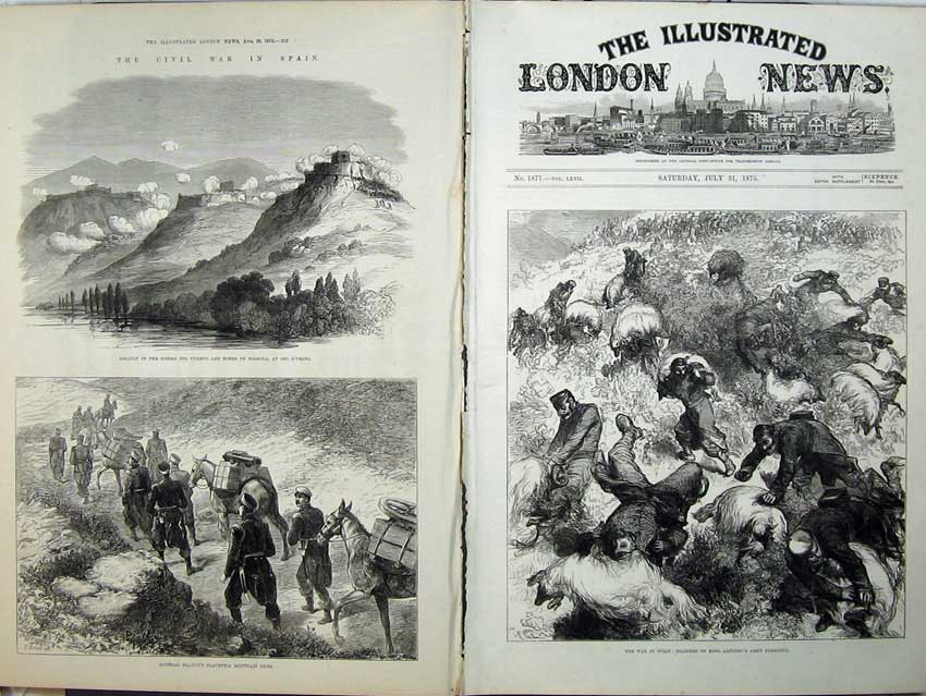 Original Old Antique Print 1875 War Spain Siers Alfonso Army Cuervo Solsona