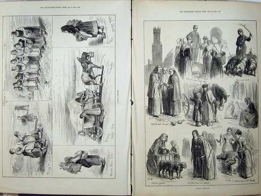 Old Antique Print 1875 Milkcart Calais France Pigs Germany Saxony Cart 19th