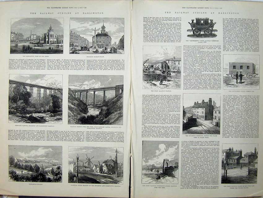 Antique Old Print Railway 1875 Suspension Bridge Darlington Viaduct Train 19th
