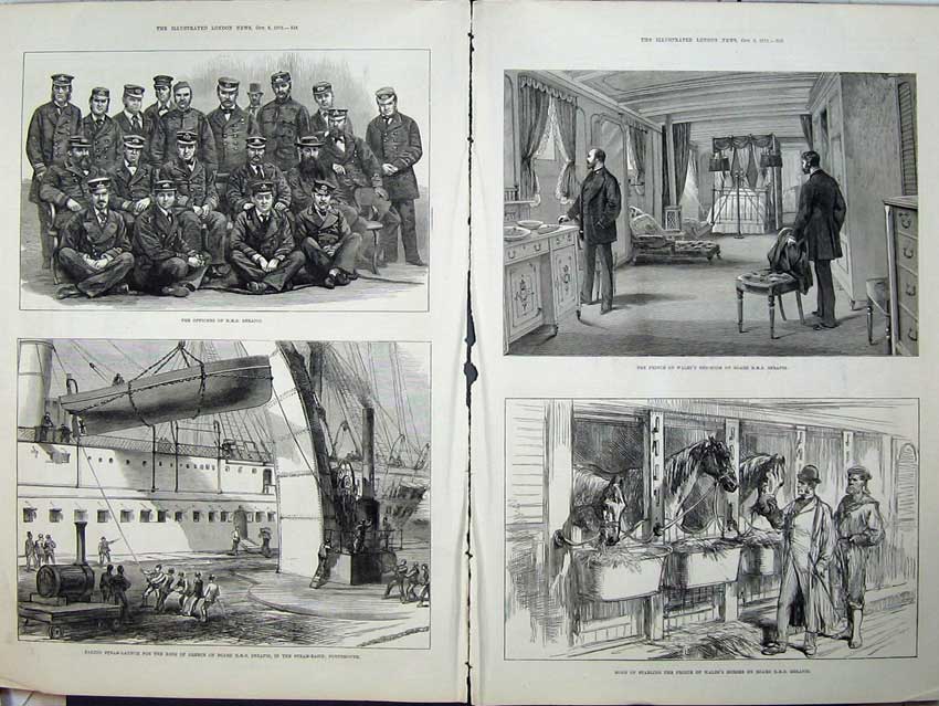 Antique Old Print 1875 Officers Ship Serapis Prince Wales Bed-Room Horses 19th