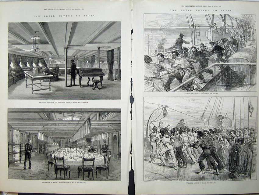 Old Antique Print India 1875 Saloon Serapis Dining Ship Anchor Life-Boat 19th