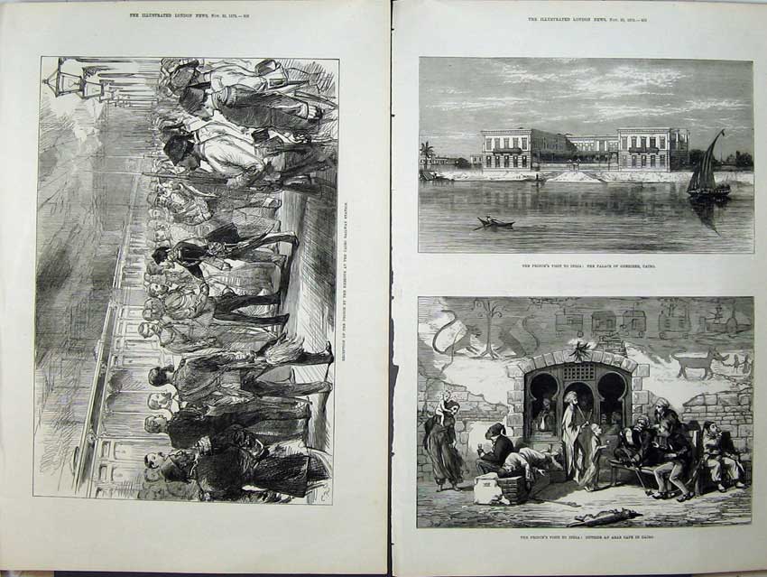 Old Antique Print Prince Wales India 1875 Arab Cave Cairo Railway Palace 19th