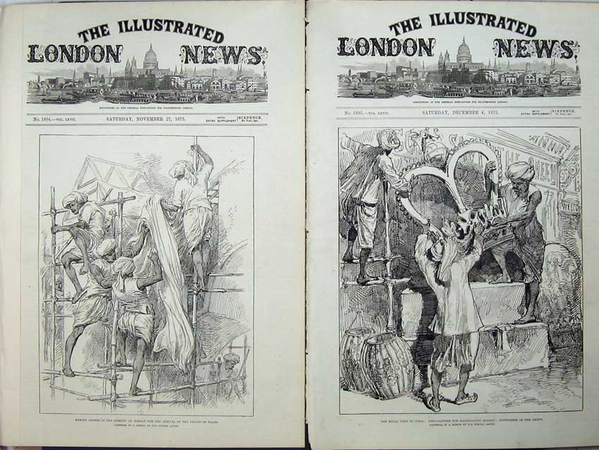 Original Old Antique Print 1875 Arches Bombay Prince Wales Crown Illuminations