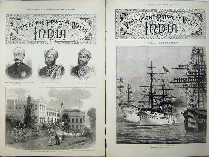 Antique Old Print Ship Serapis Bombay Harbour 1875 House Prince Wales Art 19th