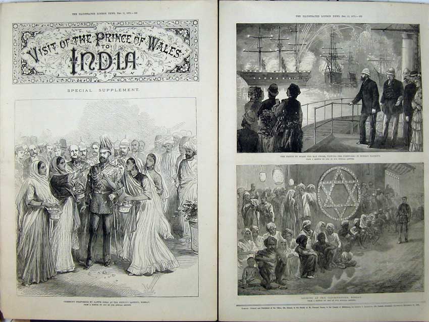 Old Antique Print 1875 Prince Wales May Frere Ship Bombay Harbour Native 19th