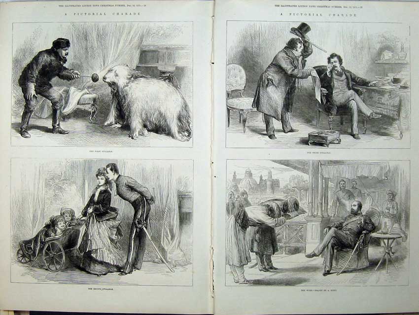 Old Antique Print 1875 Pictorial Charade Actors Syllable Performing Bear 19th