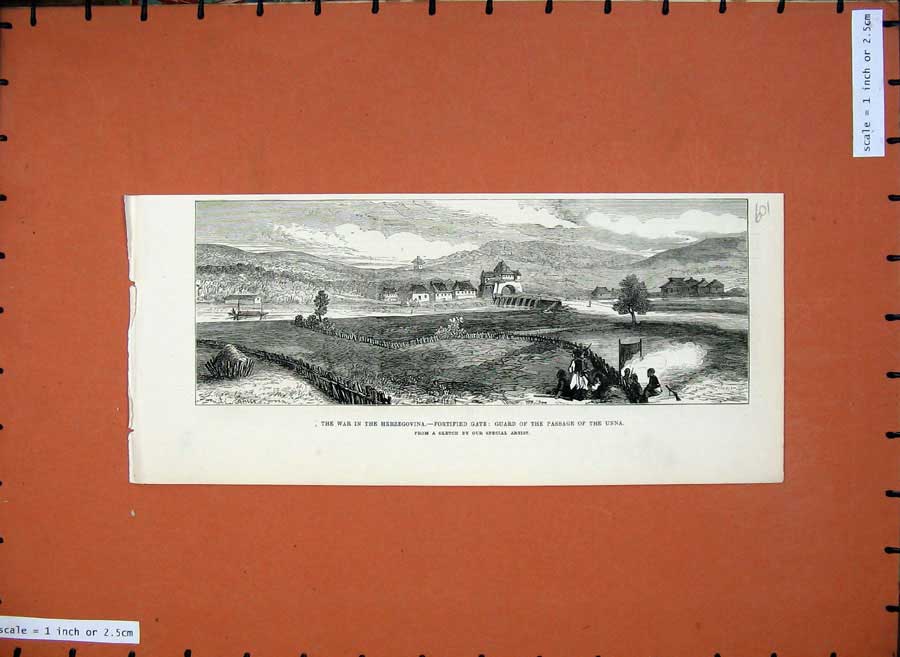 Old Antique Print 1875 War Herzegovina Fortified Gate Guard Unna Mountain 19th