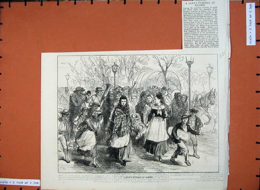 Original Old Antique Print 1875 Scene Baby'S Funeral Madrid Spain Victorian