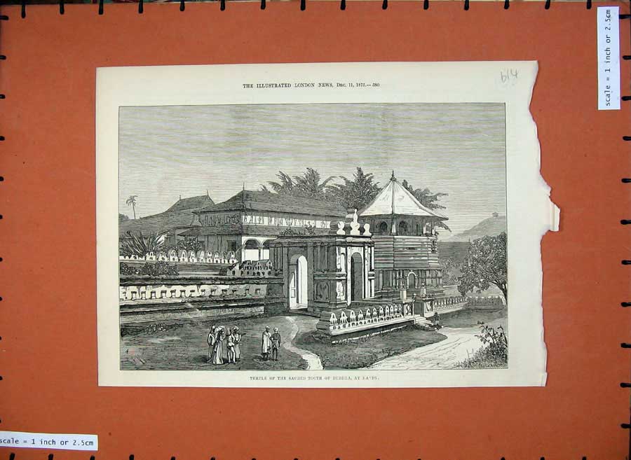 Original Old Antique Print 1875 Temple Sacred Tooth Buddha Kandy 19th