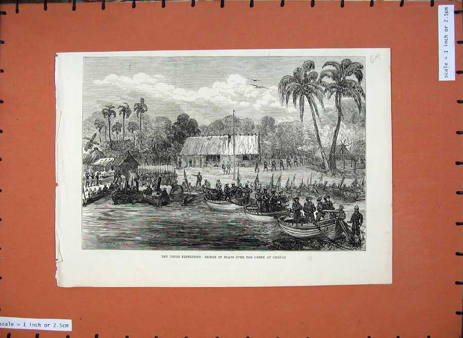 Original Old Antique Print 1875 Congo Expedition Bridge Boats Creek Chengo War