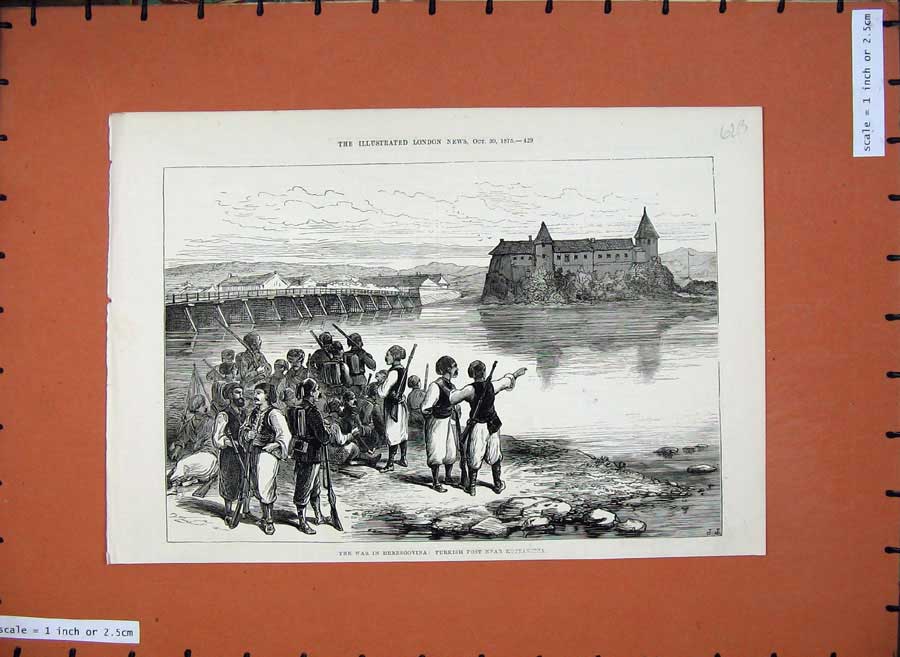 Original Old Antique Print 1875 War Herzegovina Turkish Post Kostanitza Army