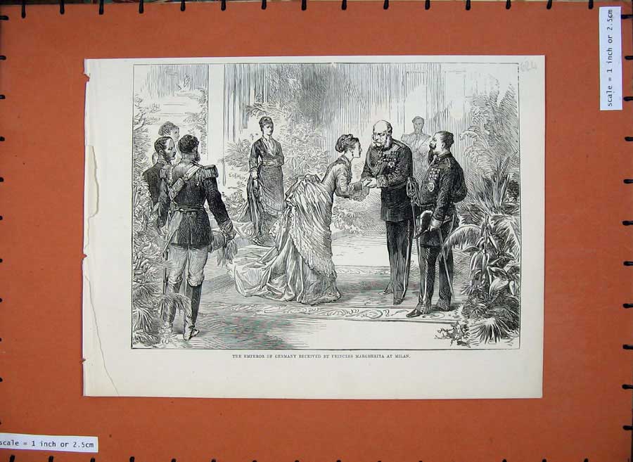 Original Old Antique Print 1875 Emperor Germany Princess Margherita Milan 19th