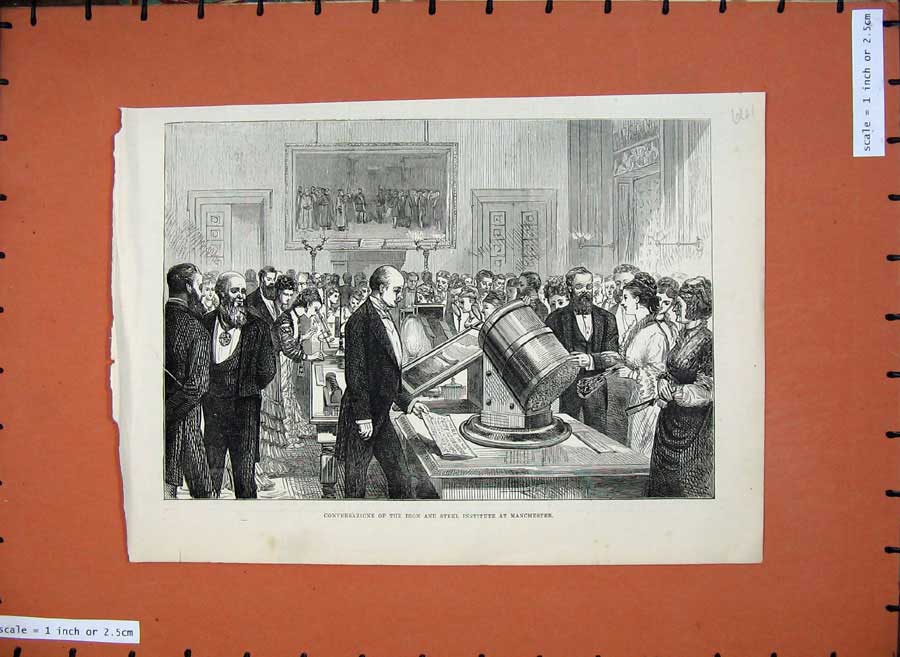 Old Antique Print 1875 Conversazione Iron Steel Institute Manchester Art 19th