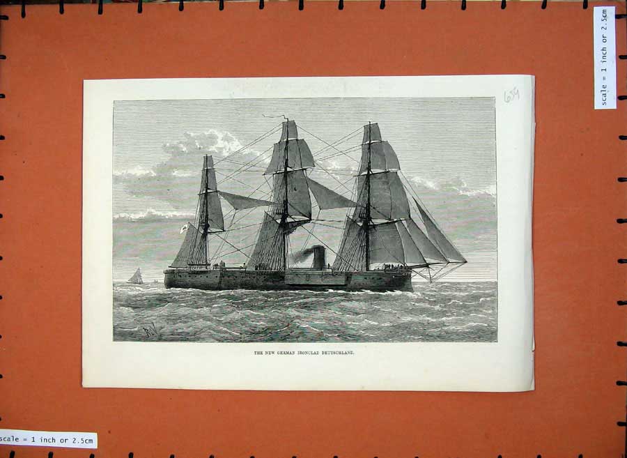 Original Old Antique Print 1875 New German Ironclad Deutschland Ship Fine Art