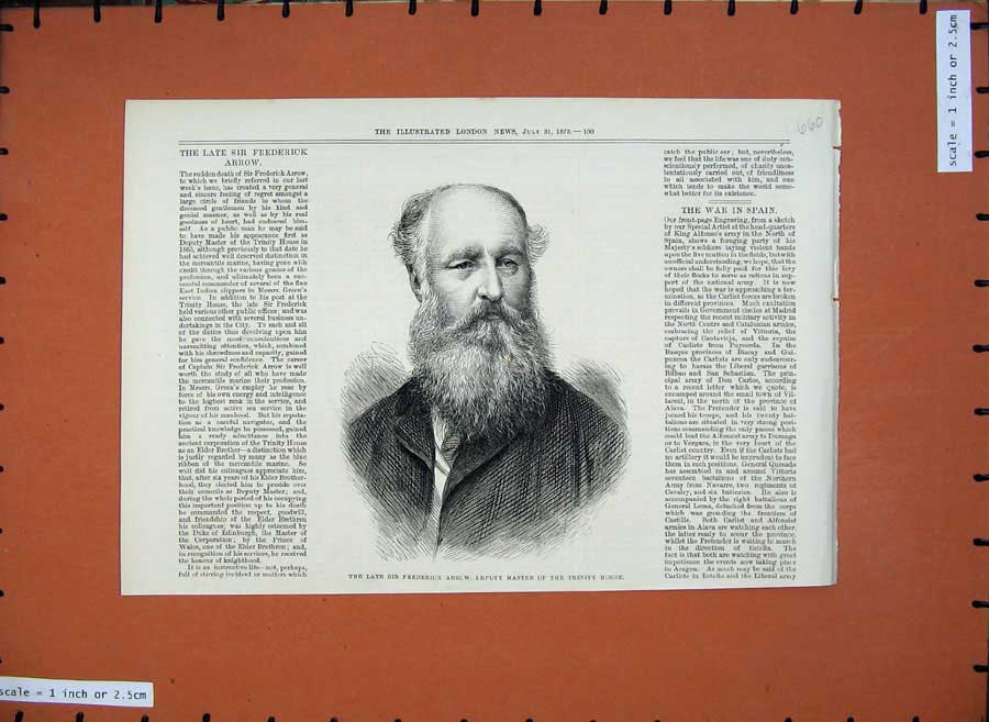 Original Old Antique Print 1875 Sir Frederick Arrow Deputy Master Trinity House