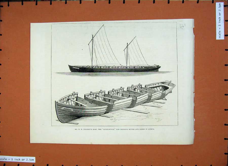 Original Old Antique Print 1875 Mr Stanley Boat Livingstone Rivers Lakes Africa