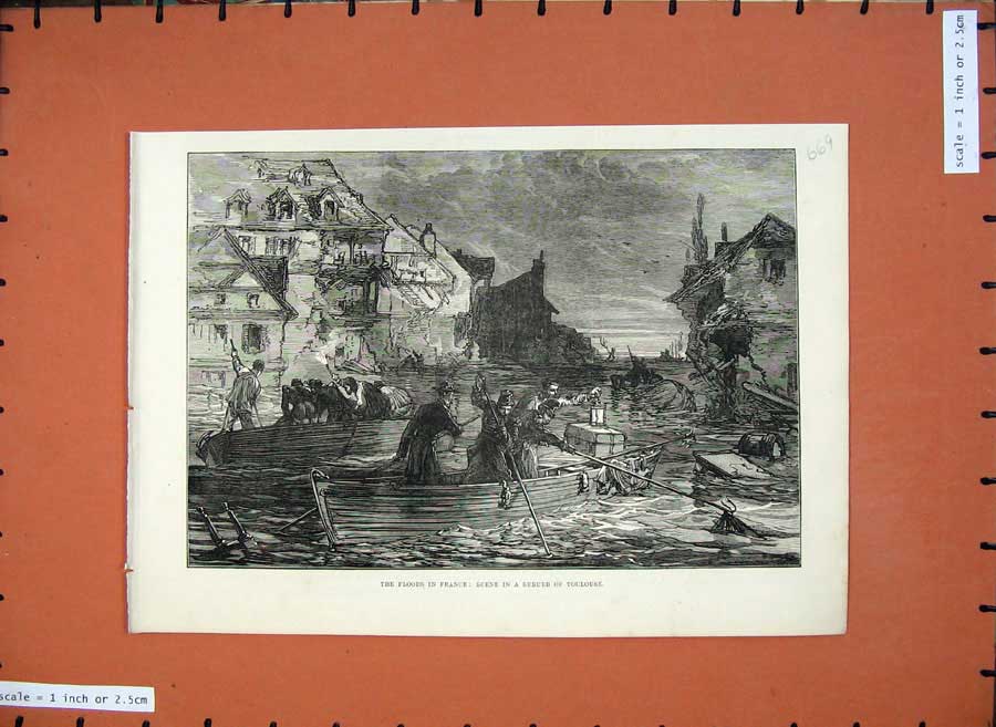 Old Antique Print 1875 Fine Art Floods France Scene Suburb Toulouse Boat 19th