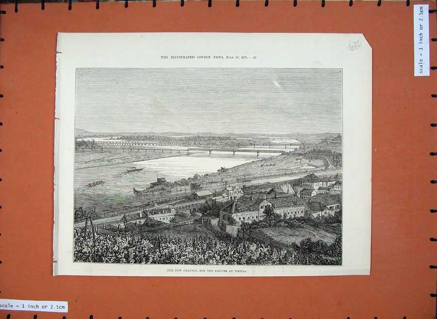 Old Antique Print 1875 View New Channel River Danube Vienna Bridge Town 19th