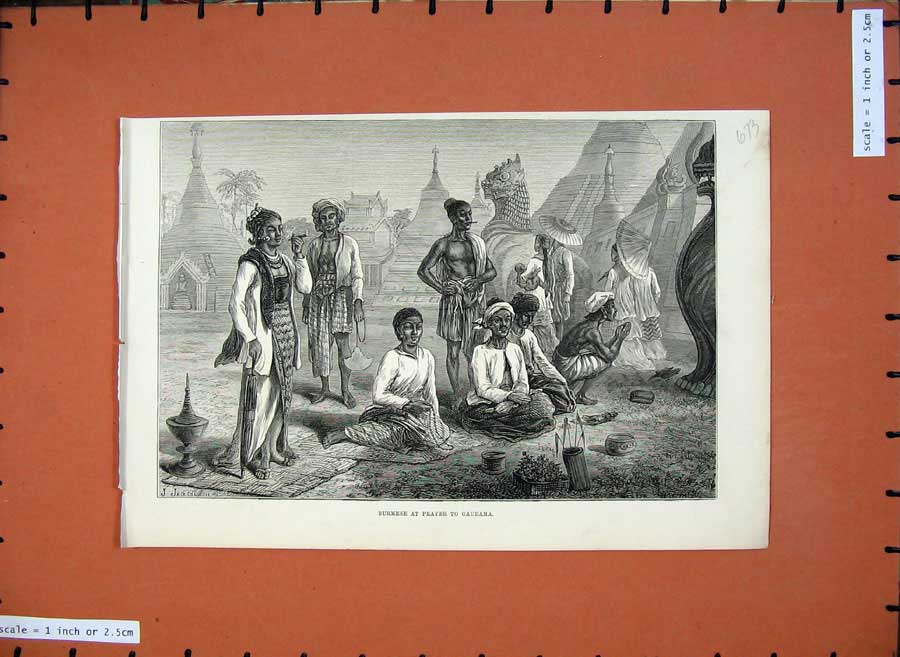 Original Old Antique Print 1875 Fine Art Burmese Prayer Gaudama Native Costumes