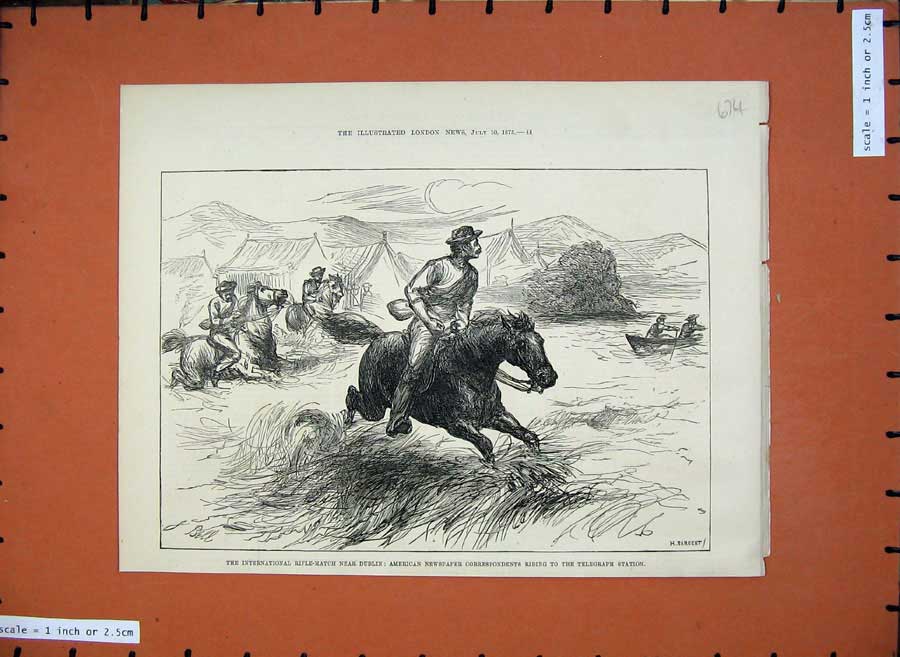 Old Antique Print 1875 Rifle Match Dublin American Correspondants Horse 19th