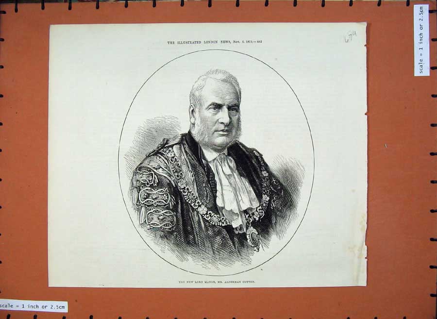 Original Old Antique Print 1875 New Lord Mayor Mr Alderman Cotton Portrait 19th