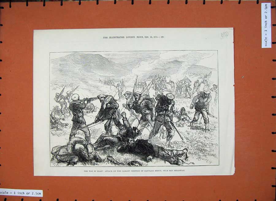 Old Antique Print War Spain 1875 Attack Carlist Santiago Mendi Sebastian 19th
