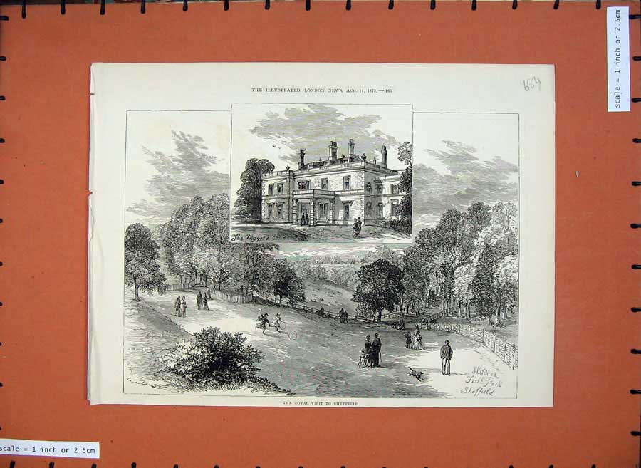 Original Old Antique Print 1875 Sheffield Mayor House Park Royal Visit Mansion