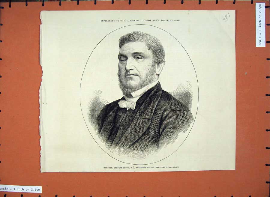 Old Antique Print Portrait 1875 Gervase Smith President Wesleyan Church 19th