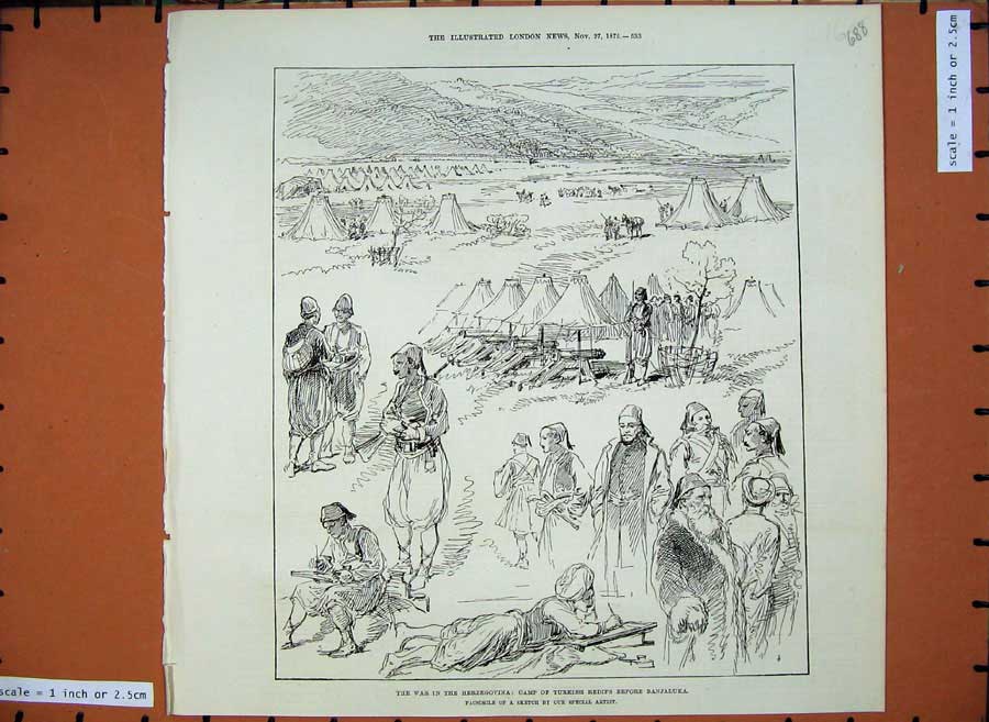 Old Antique Print 1875 War Herzegovina Camp Turkish Redifs Banjaluka Army 19th