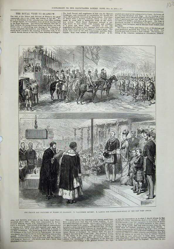 Old Antique Print 1876 Prince Wales Glasgow War Ta Army New Post Office 19th