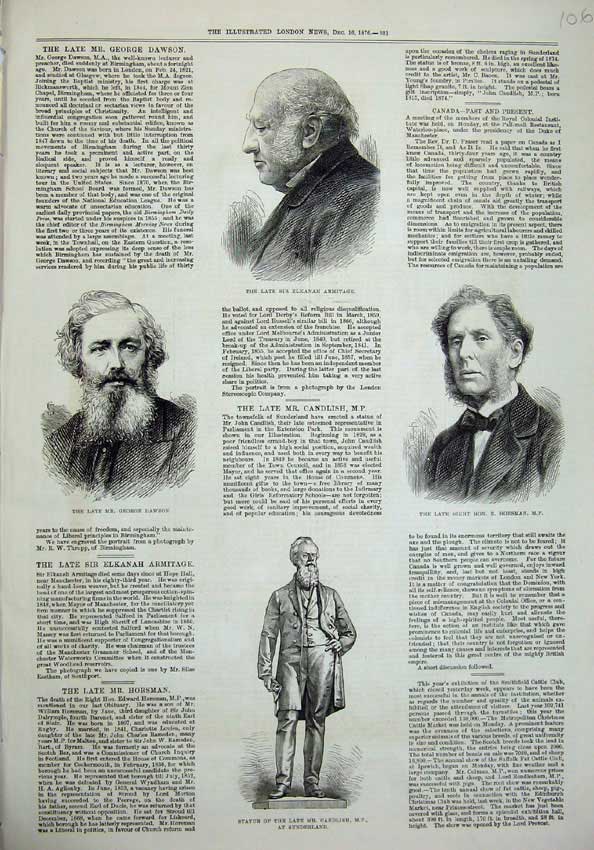 Original Old Antique Print 1876 Statue Candlish Horsman Armitage Dawson Men Art