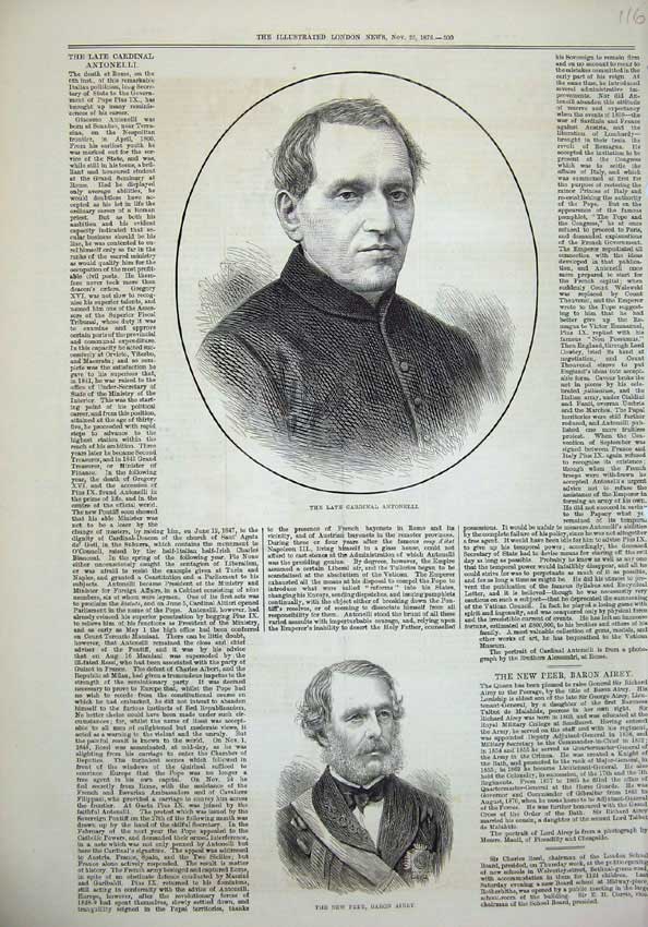 Old Antique Print 1876 Portrait Cardinal Antonelli Peer Baron Airey Men 19th
