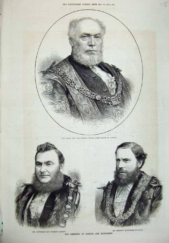 Old Antique Print 1876 Thomas White Mayor London Sheriff Hadley Alderman 19th