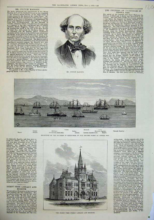 Old Antique Print 1876 Justice Manisty Library Museum Derby Ships Besika 19th
