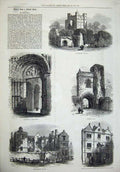 Old Antique Print 1876 Rochester Castle Cathedral Priory Gate Watts House 19th
