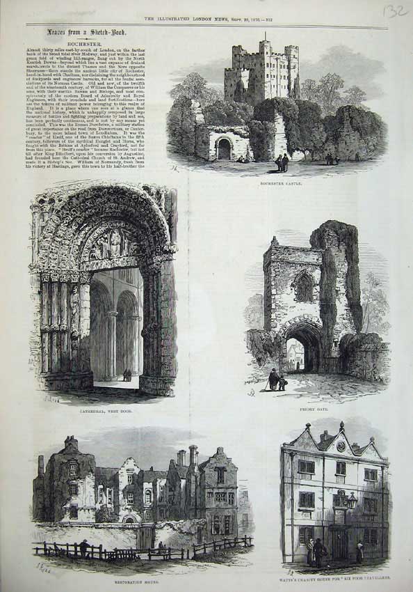 Old Antique Print 1876 Rochester Castle Cathedral Priory Gate Watts House 19th