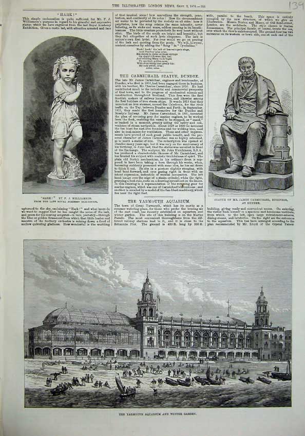 Old Antique Print Yarmouth Aquarium Garden 1876 Statue Carmichael Dundee 19th