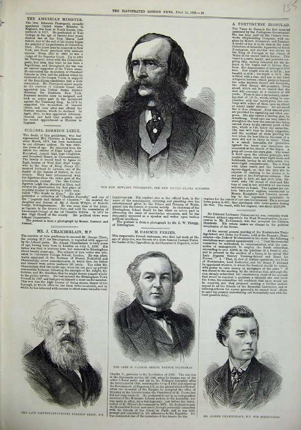 Old Antique Print 1876 Edwards Pierrepont Men Egerton Perier Chamberlain 19th